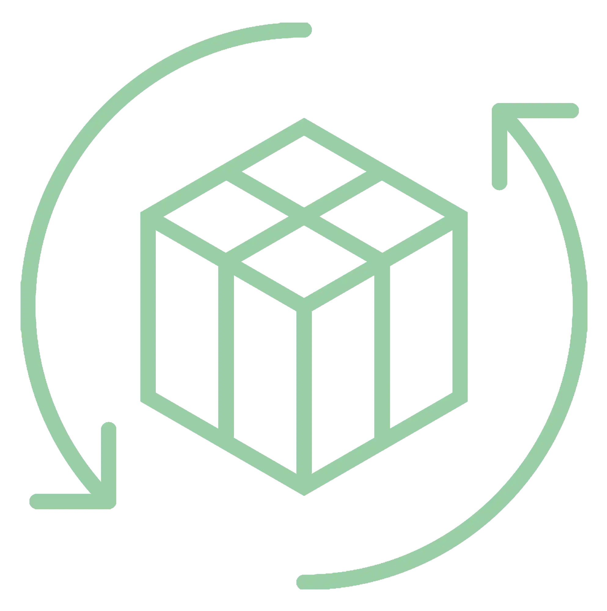 Simple green line drawing of a cube with circular arrows around it.