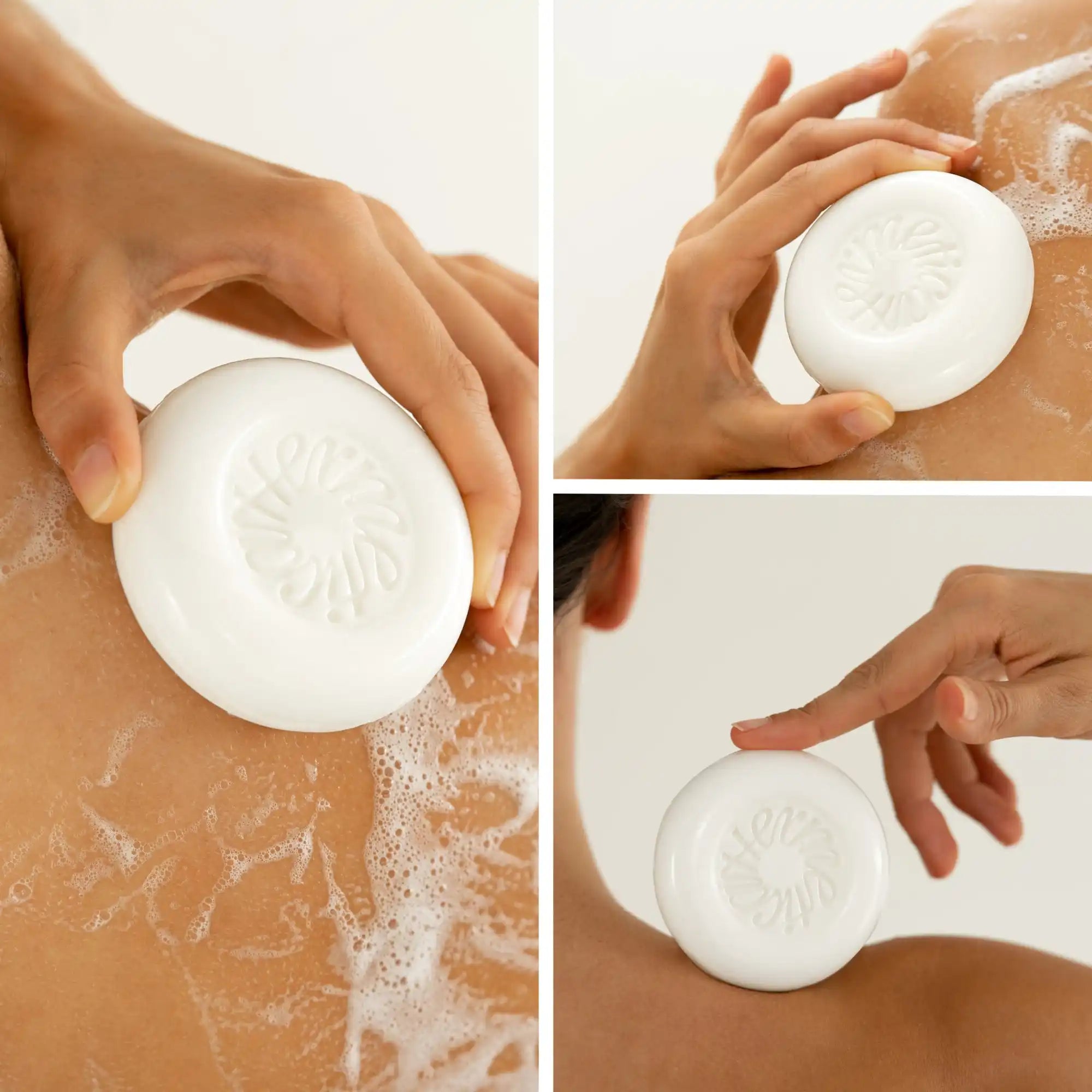 White circular bar of soap with an embossed pattern on its surface.